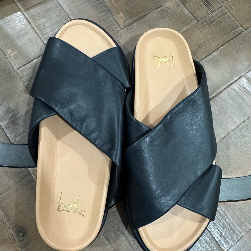 beek Black Leather Crisscross Sandals